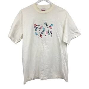 Vintage WHIMS Racket Embroidered Tee L Cotton Crew Neck Short Sleeve Pullover